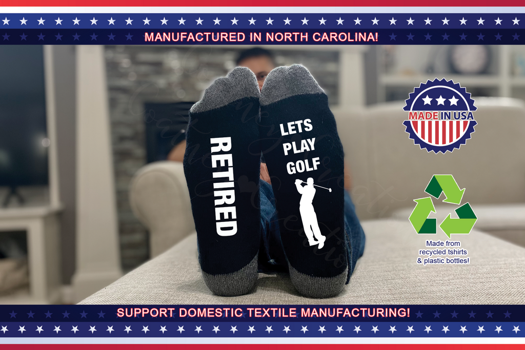 Retired- Lets play Golf, funny socks for men! The perfect Retirement,  Christmas or Father's Day gift!
